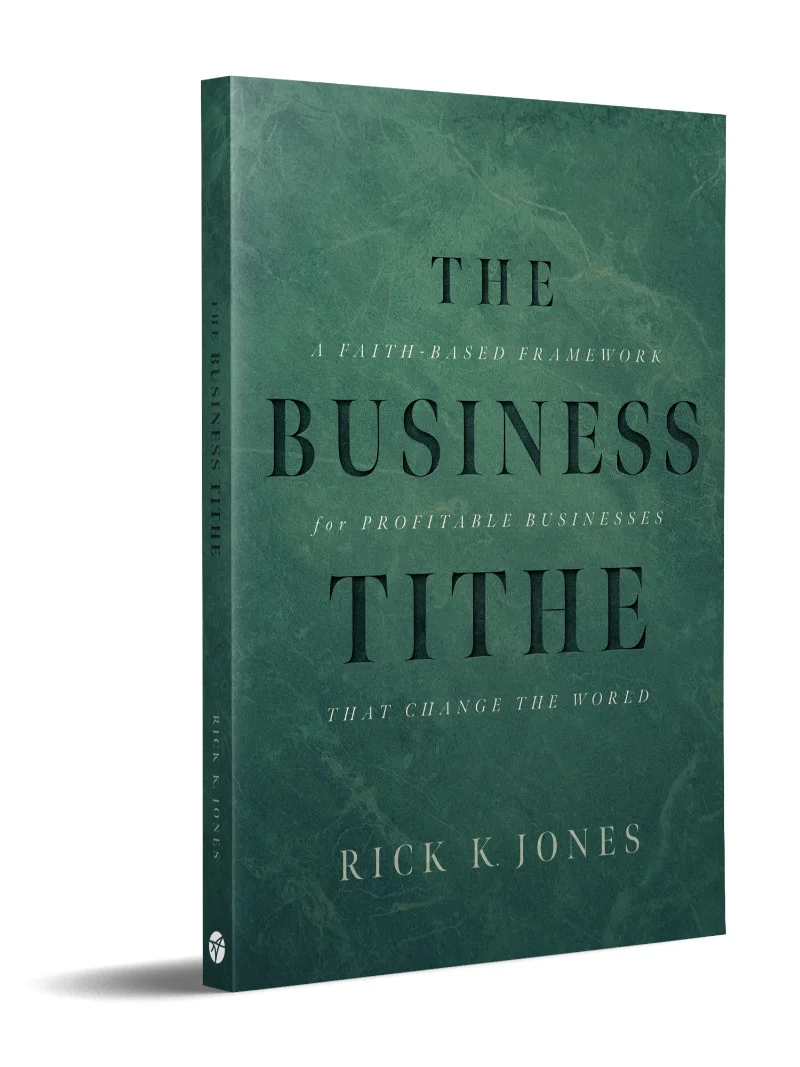Green marble-textured book cover titled 'The Business Title' by Rick K. Jones; subtitle reads 'A Faith-Based Framework for Profitable Businesses That Change the World'.